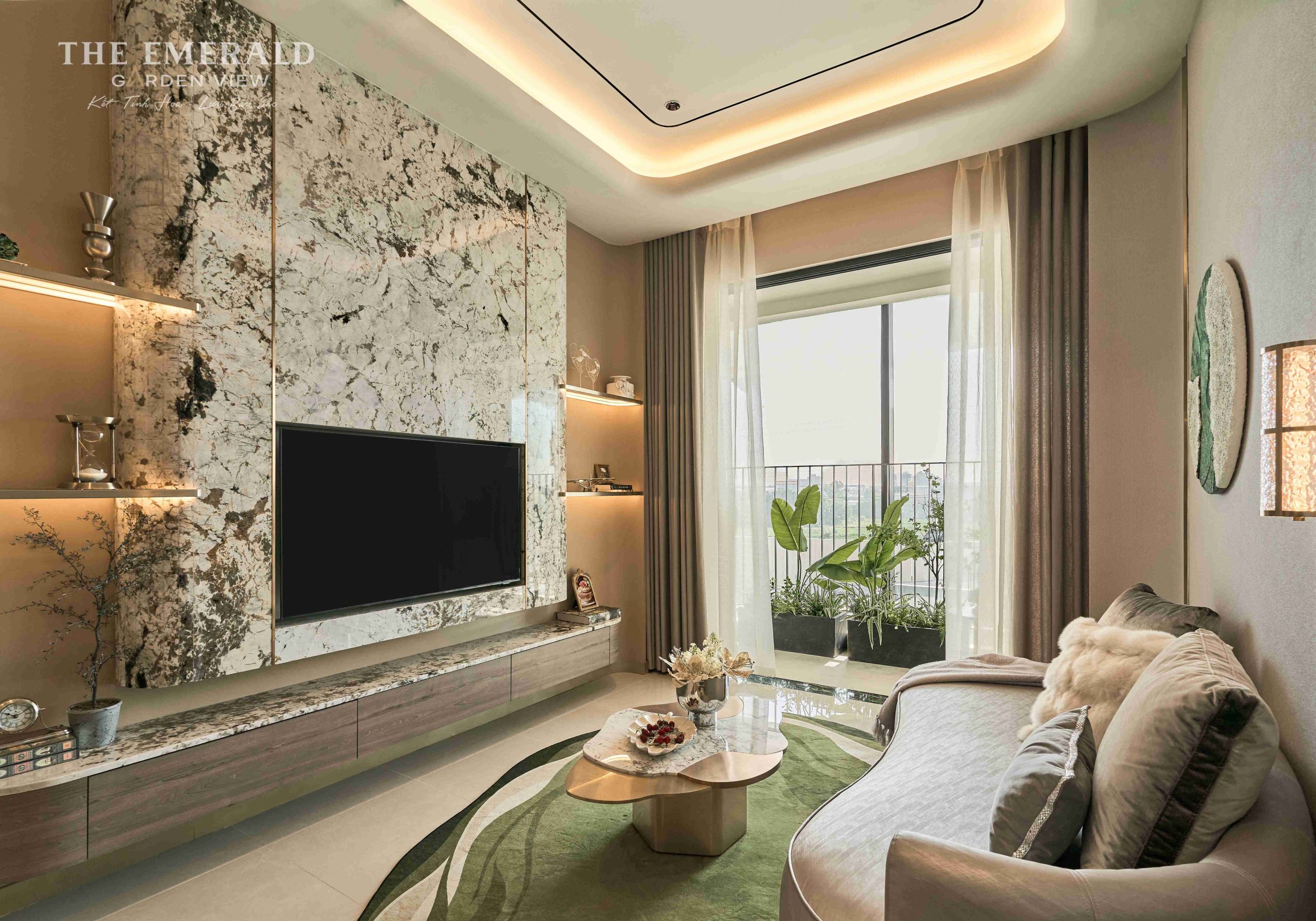 Không gian phòng khách căn hộ The Emerald Garden View với thiết kế nội thất tinh tế
