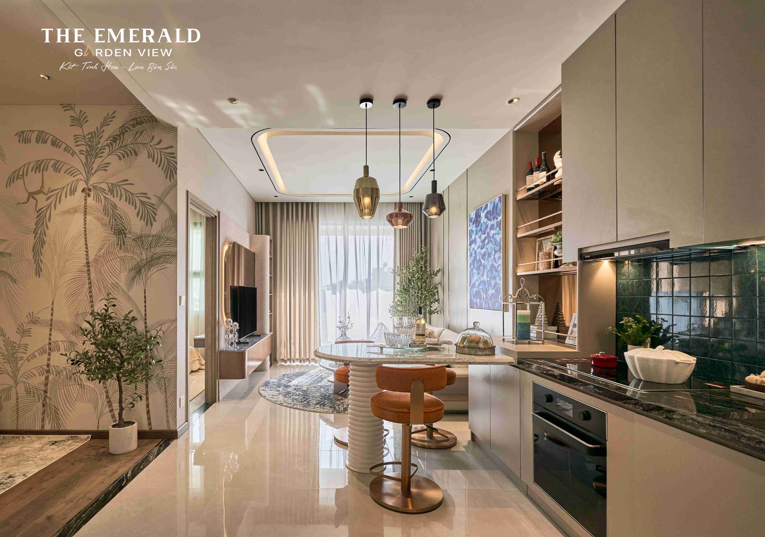 Góc nhìn tổng thể phòng khách và khu vực bếp tại dự án The Emerald Garden View