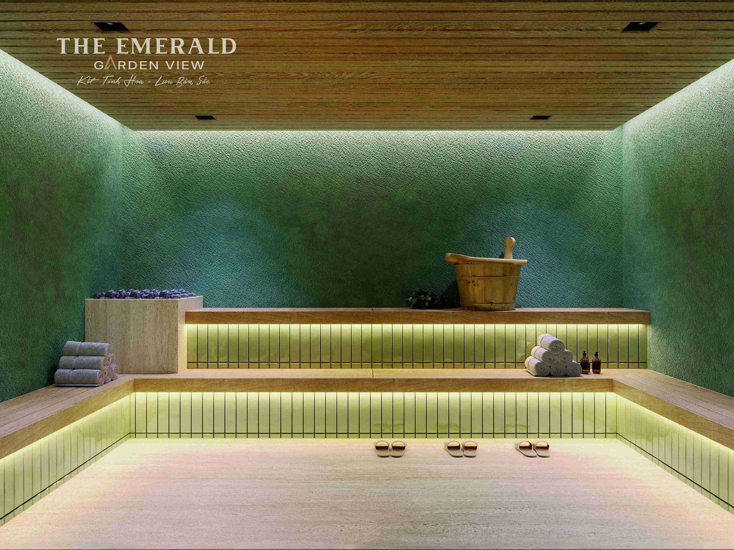 Phòng xông hơi với thiết kế gỗ ấm cúng tại dự án The Emerald Garden View