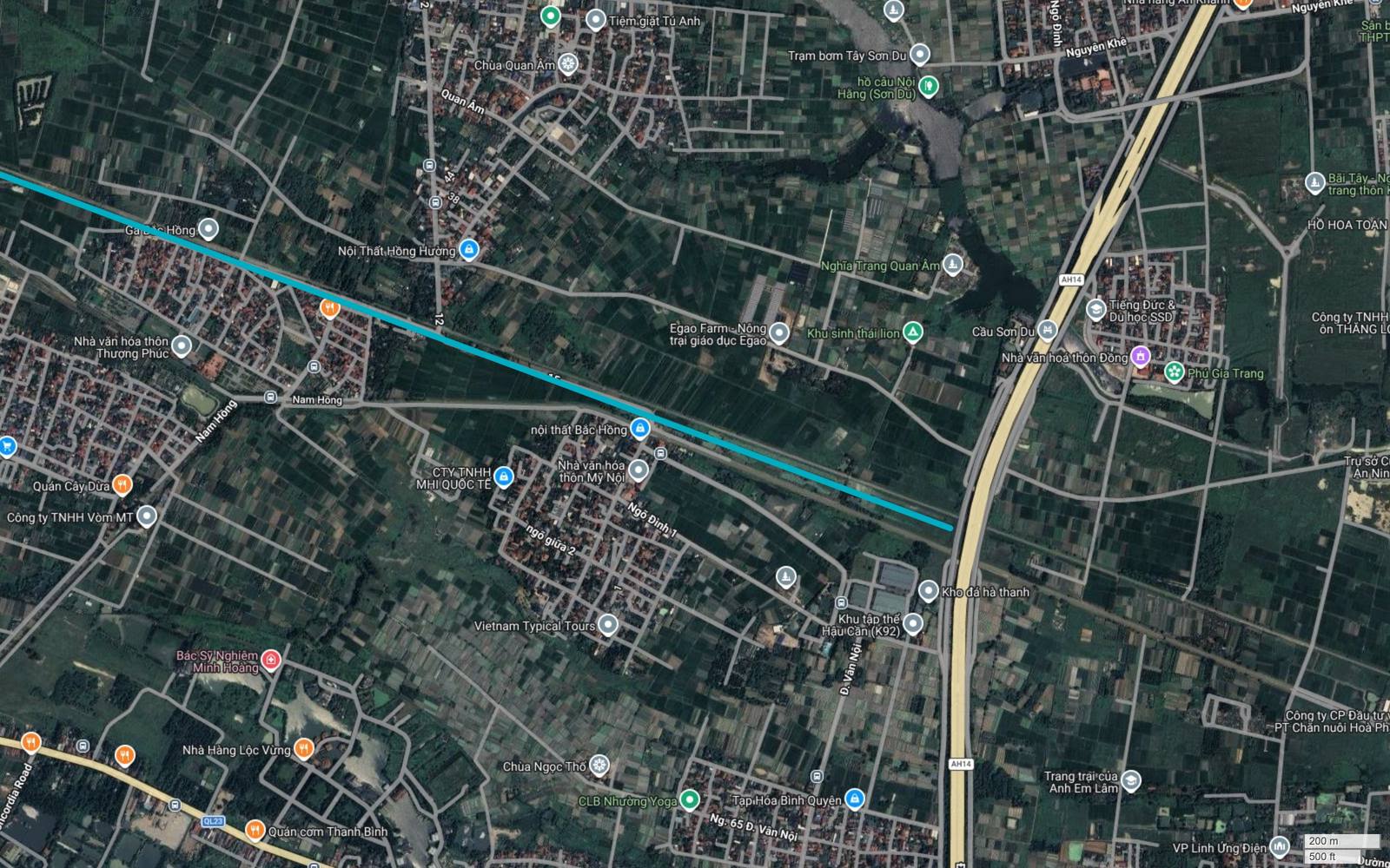 Bản đồ vệ tinh tuyến metro số 6 Hà Nội khung mở đầu tại Sơn Du, Nguyên Khê, vạch xanh ngọc chạy chéo và kết thúc cạnh trục vàng AH14 gần Cầu Sơn Du