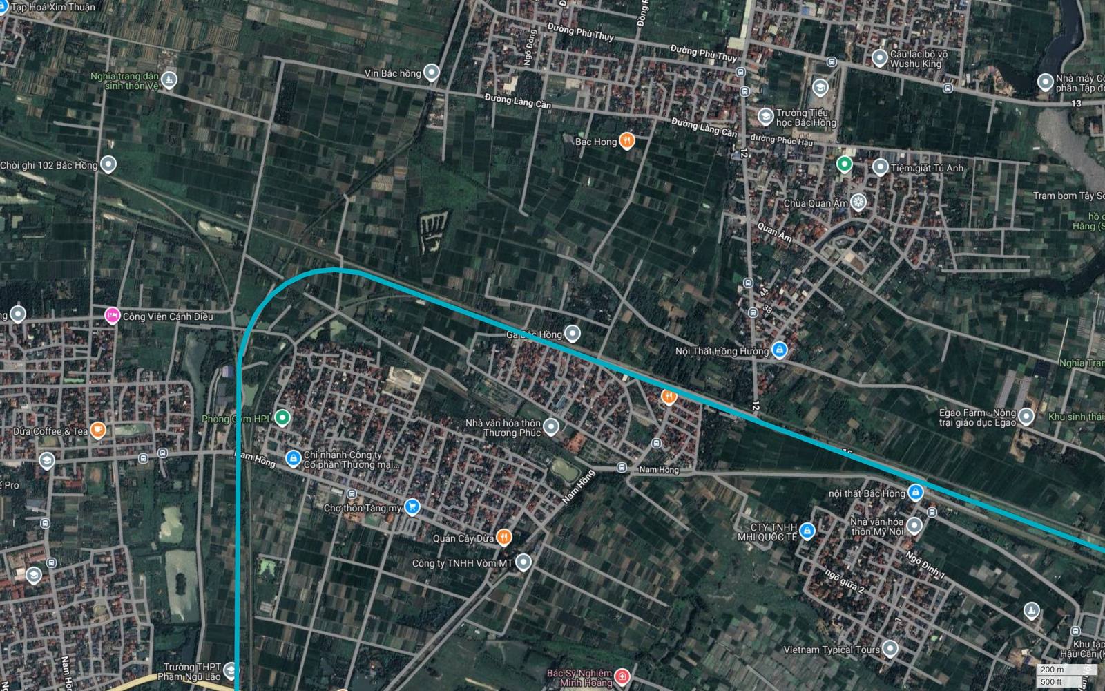 Ảnh vệ tinh tuyến metro số 6 Hà Nội qua Bắc Hồng, vạch xanh ngọc chạy ngang gần Ga Bắc Hồng rồi bẻ cong xuống ở rìa tây Nam Hồng