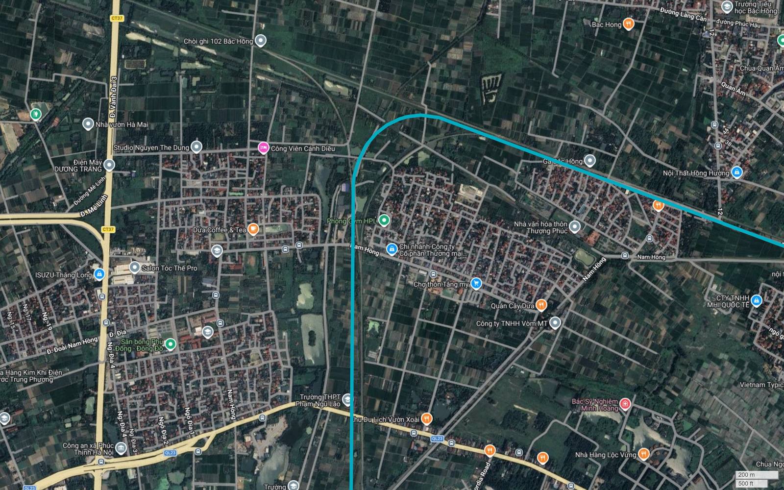 Bản đồ vệ tinh metro số 6 Hà Nội tại Nam Hồng, vạch xanh ngọc tạo hình chữ L khi chuyển từ hướng ngang sang hướng dọc, gần Công Viên Cánh Diều và Quốc lộ 23
