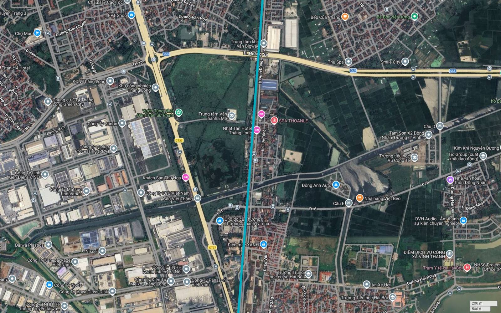Bản đồ vệ tinh metro số 6 Hà Nội cắt Quốc lộ 5 kéo dài tại đường Hoàng Sa, chạy dọc rìa đông Khu công nghiệp Thăng Long với các nhà máy Canon, Panasonic