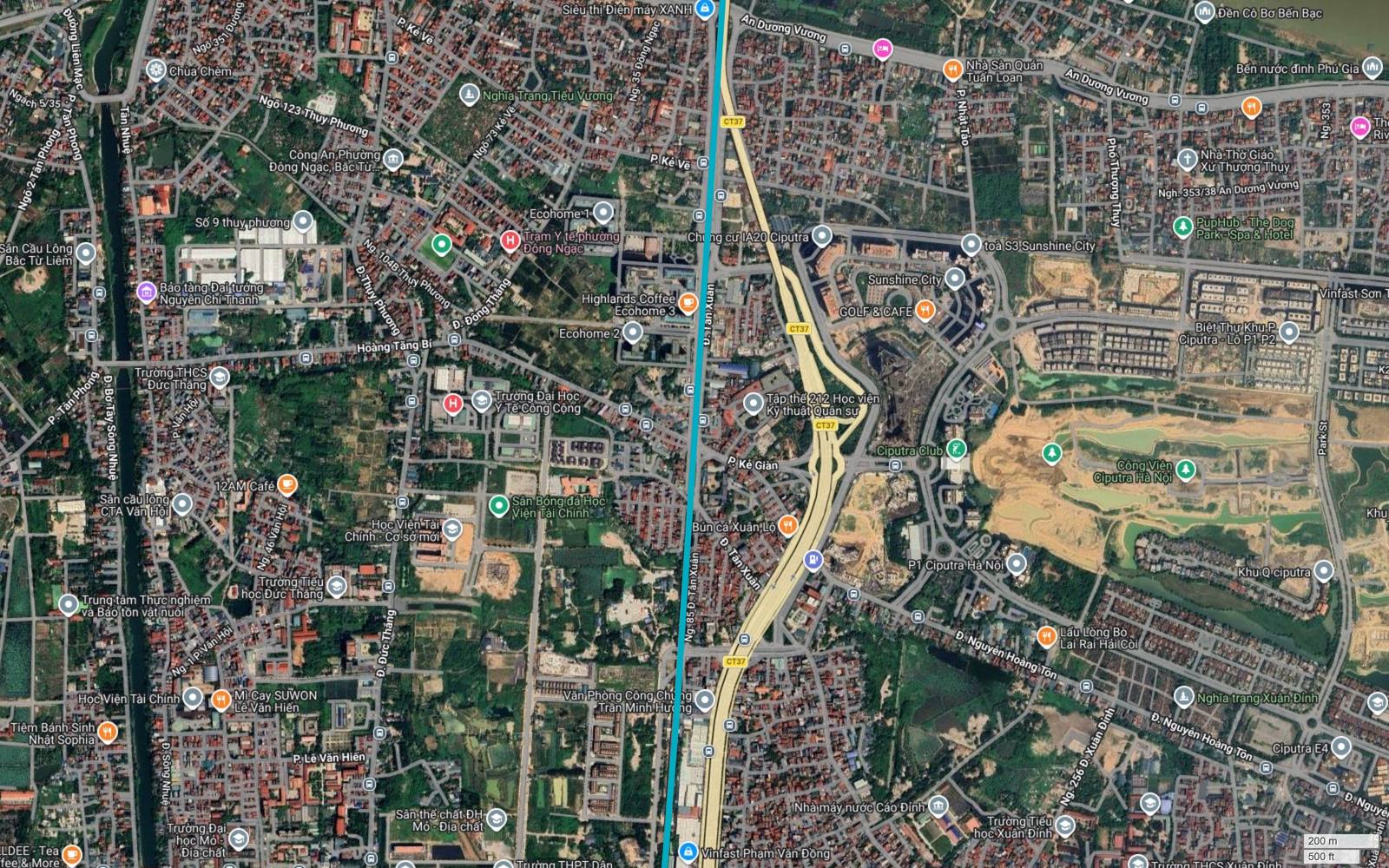 Ảnh vệ tinh tuyến metro số 6 Hà Nội bám mép tây trục Phạm Văn Đồng, bên phải là Ciputra Hà Nội, Sunshine City, bên trái là cụm trường Đức Thắng