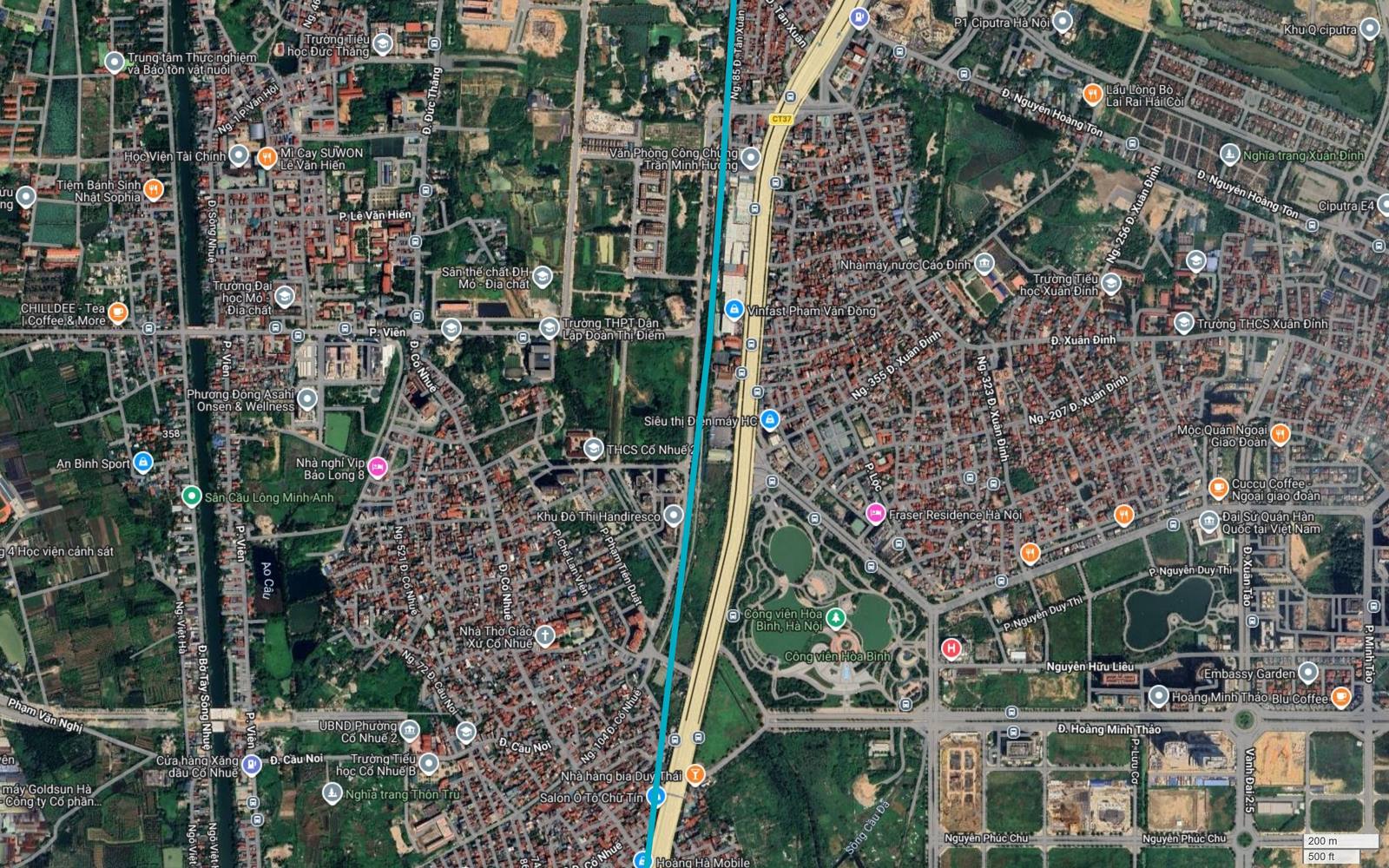 Bản đồ vệ tinh metro số 6 Hà Nội qua Cổ Nhuế 2, bên phải là Công viên Hòa Bình, Fraser Residence và Đại Sứ Quán Hàn Quốc