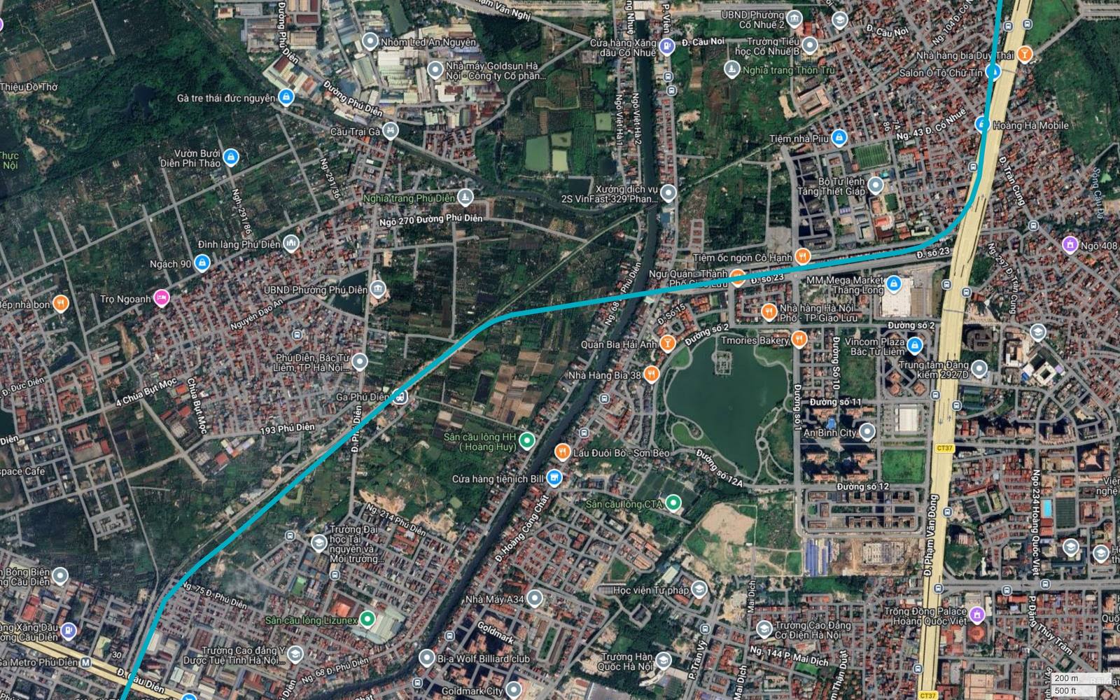 Bản đồ vệ tinh metro số 6 Hà Nội cắt chéo khu Phú Diễn theo đường Phú Diễn, đi qua nhãn Ga Phú Diễn và cắt dải nước sông Nhuệ