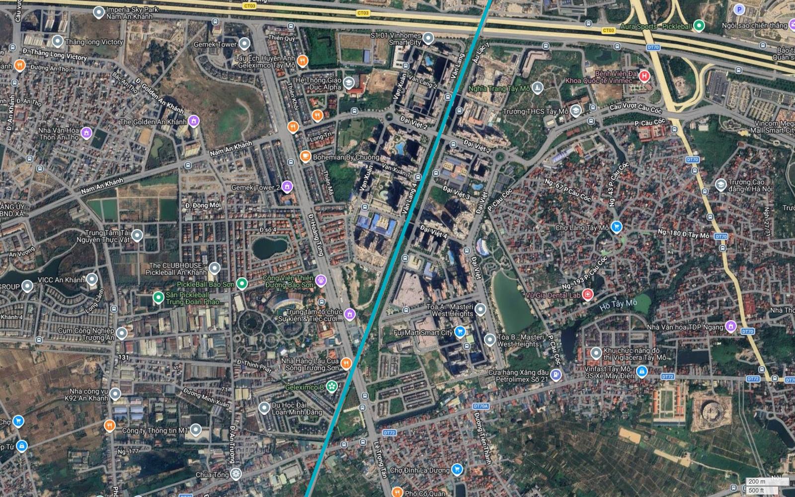 Ảnh vệ tinh tuyến metro số 6 Hà Nội xuyên lõi khu đô thị Tây Mỗ giữa các phân khu Vinhomes Smart City, Masteri West Heights và Công Viên Thiên Đường Bảo Sơn