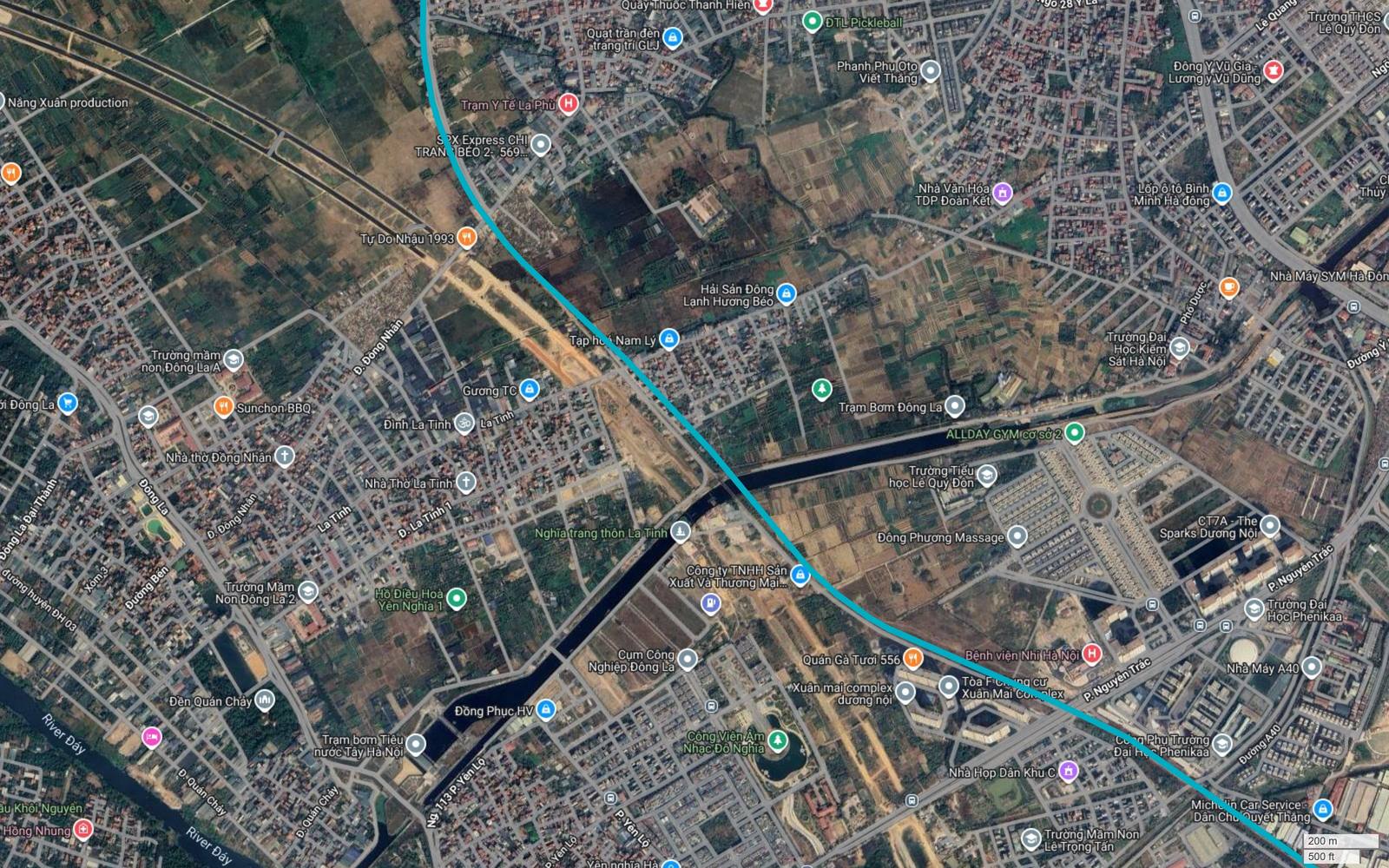 Bản đồ vệ tinh metro số 6 Hà Nội vượt kênh tiêu lớn ở Yên Nghĩa gần Trạm bơm Tiêu nước Tây Hà Nội rồi bẻ dần sang phương đông nam