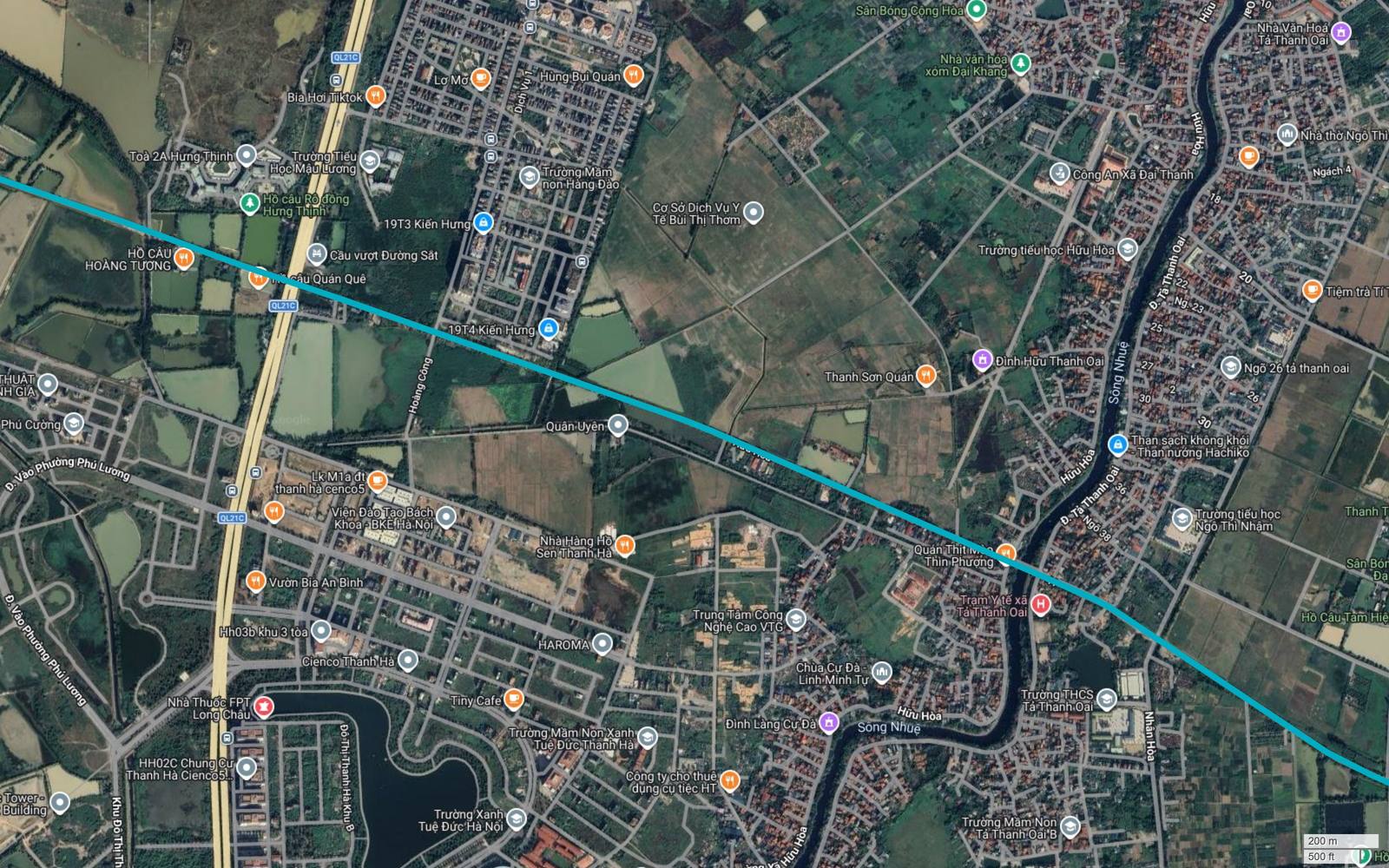 Ảnh vệ tinh tuyến metro số 6 Hà Nội vượt sông Nhuệ tại Hữu Hòa và Tả Thanh Oai, gần Đình Hữu Thanh Oai và làng cổ Cự Đà